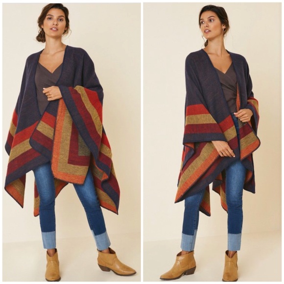 Sweaters - Navy Colorblock Striped Poncho Kimono